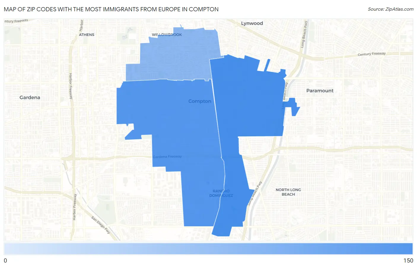 Zip Codes with the Most Immigrants from Europe in Compton Map