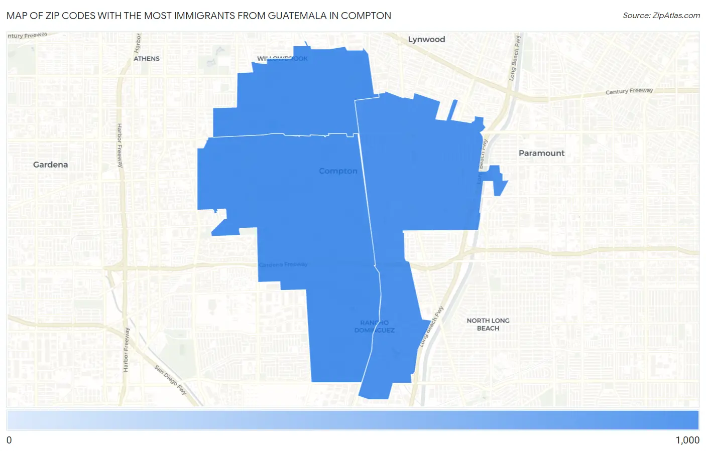 Zip Codes with the Most Immigrants from Guatemala in Compton Map