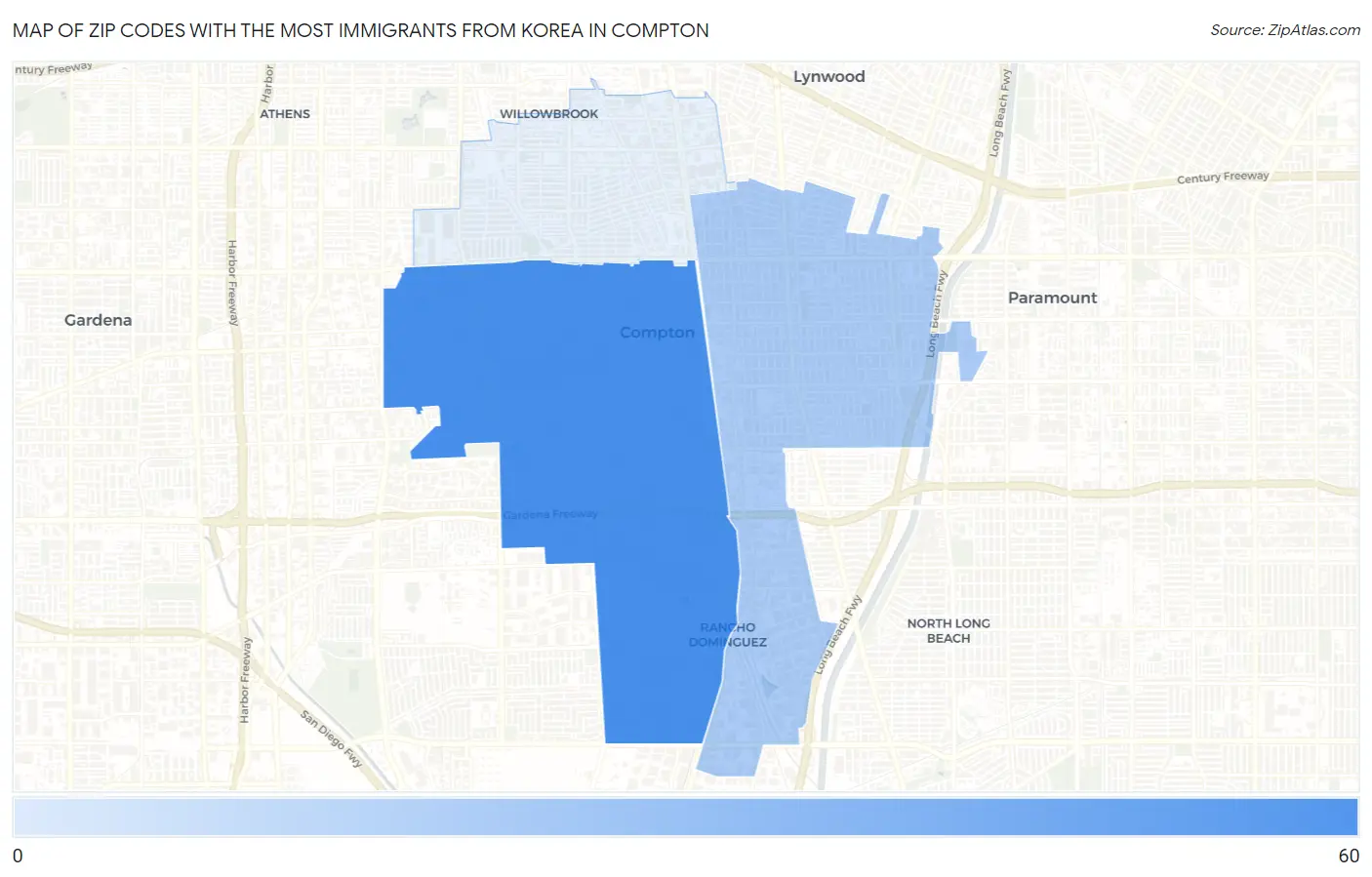 Zip Codes with the Most Immigrants from Korea in Compton Map