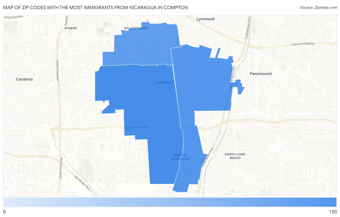 Zip Codes with the Most Immigrants from Nicaragua in Compton Map