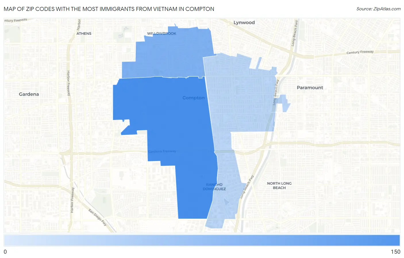 Zip Codes with the Most Immigrants from Vietnam in Compton Map