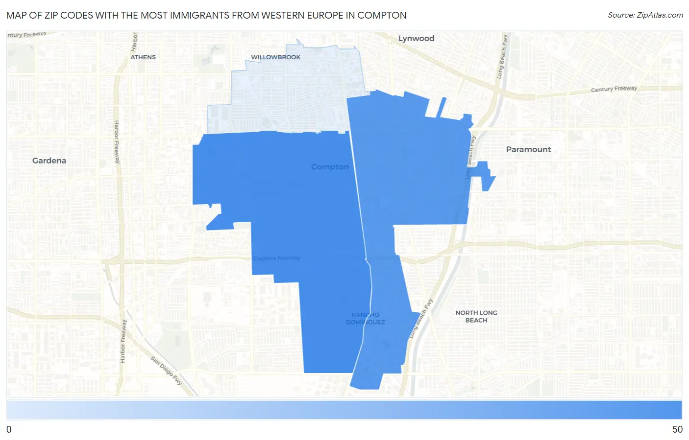 Zip Codes with the Most Immigrants from Western Europe in Compton Map