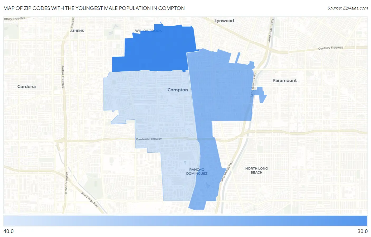 Zip Codes with the Youngest Male Population in Compton Map