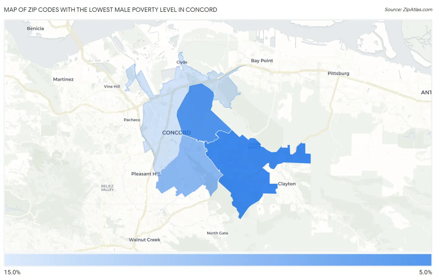 Zip Codes with the Lowest Male Poverty Level in Concord Map