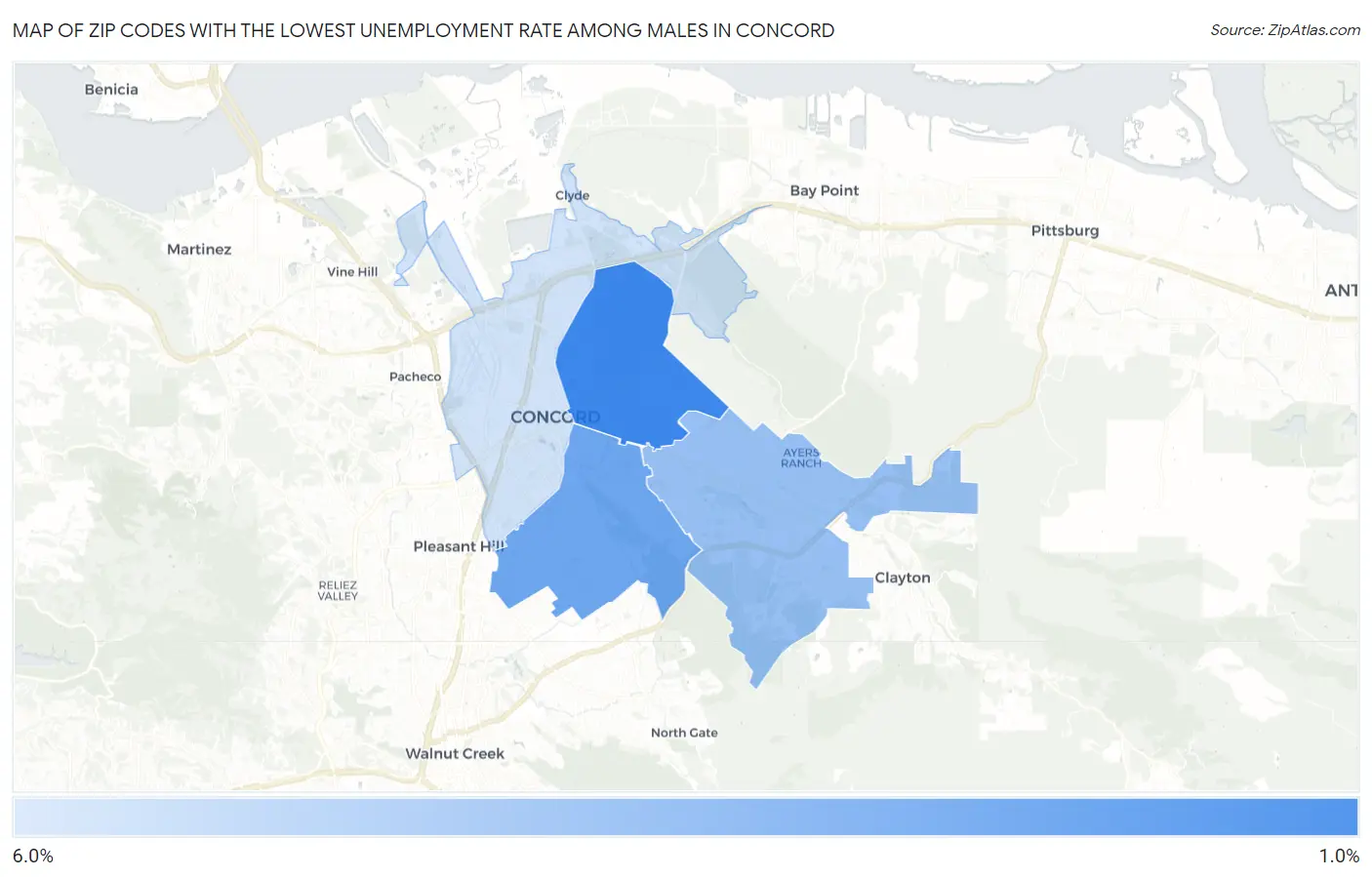 Zip Codes with the Lowest Unemployment Rate Among Males in Concord Map