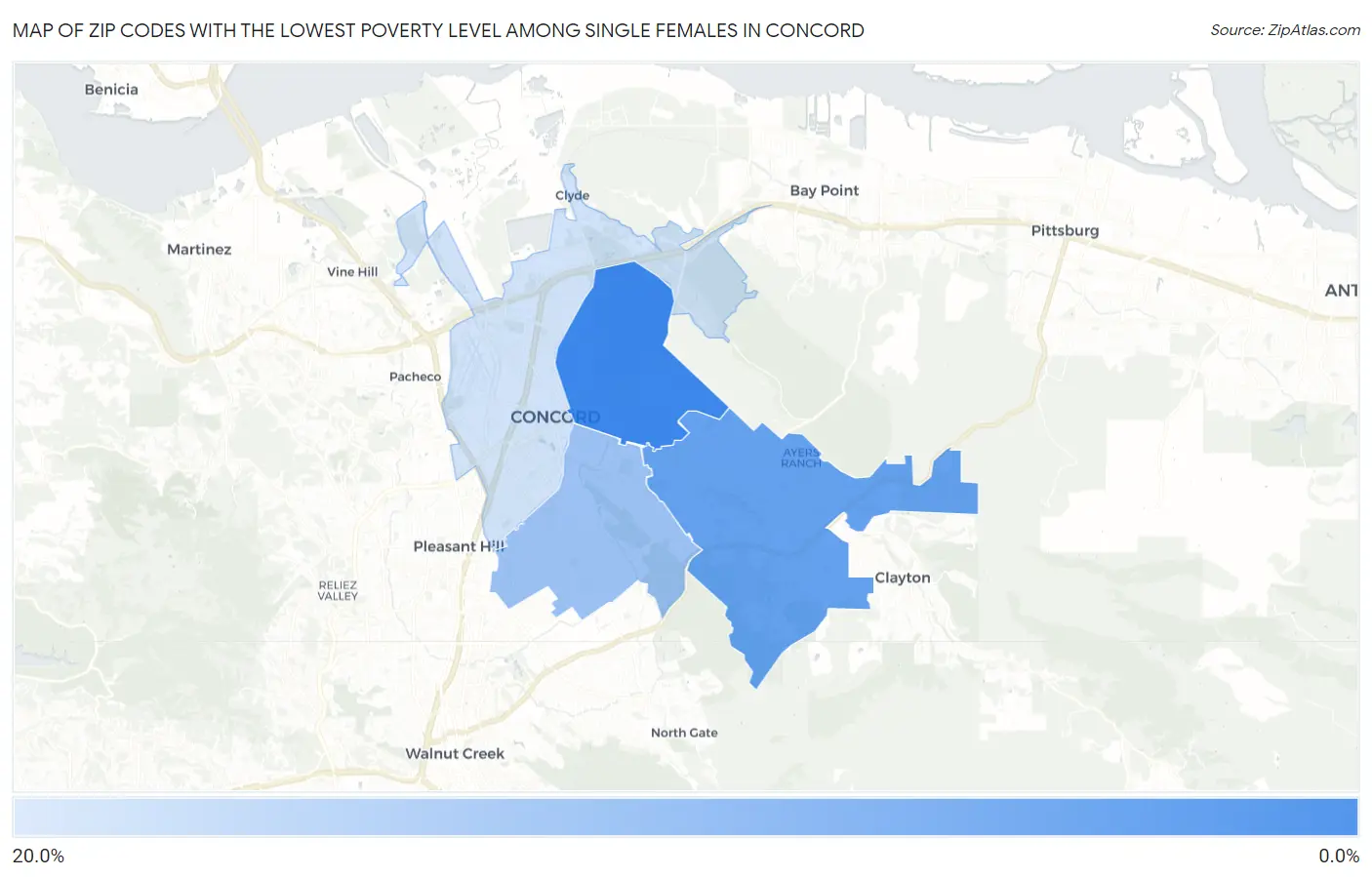Zip Codes with the Lowest Poverty Level Among Single Females in Concord Map
