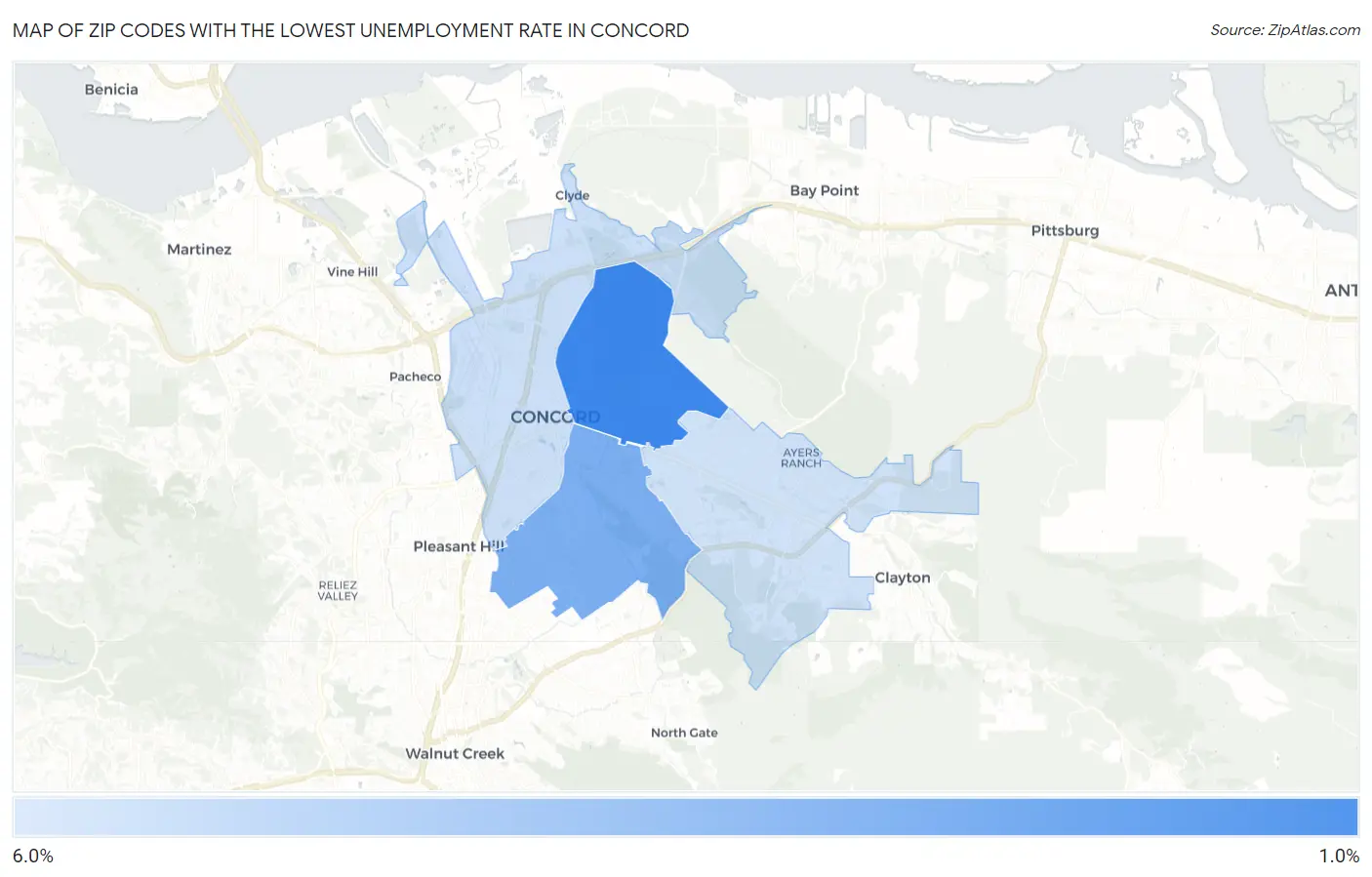 Zip Codes with the Lowest Unemployment Rate in Concord Map