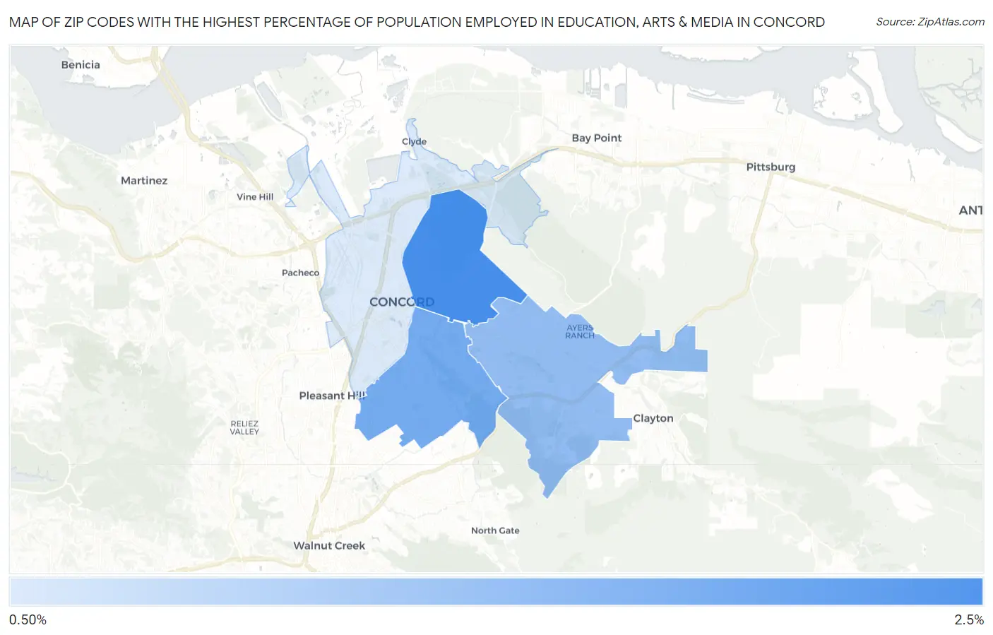 Zip Codes with the Highest Percentage of Population Employed in Education, Arts & Media in Concord Map