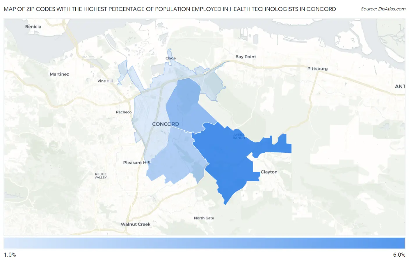 Zip Codes with the Highest Percentage of Population Employed in Health Technologists in Concord Map