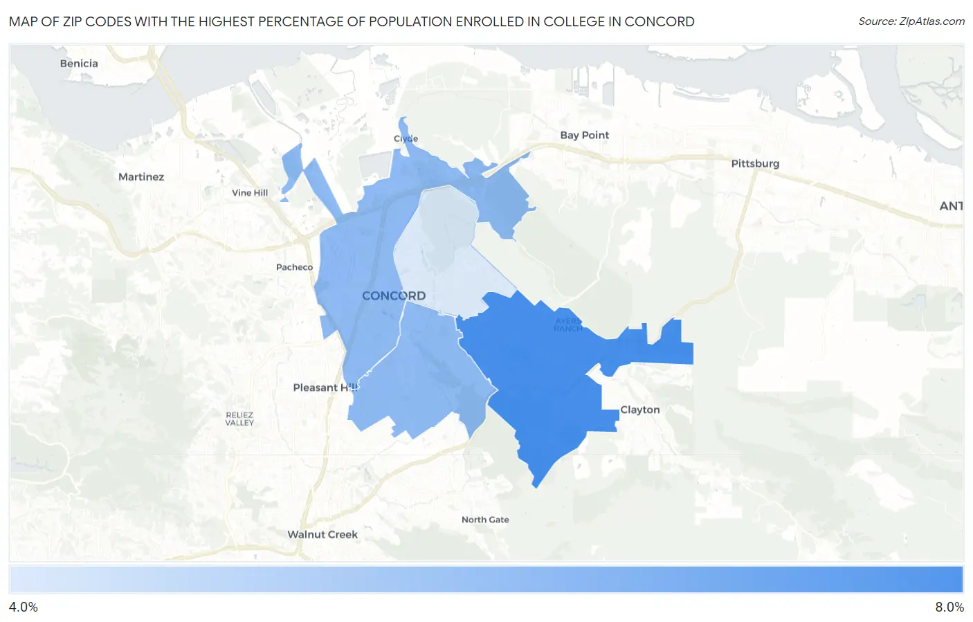 Zip Codes with the Highest Percentage of Population Enrolled in College in Concord Map