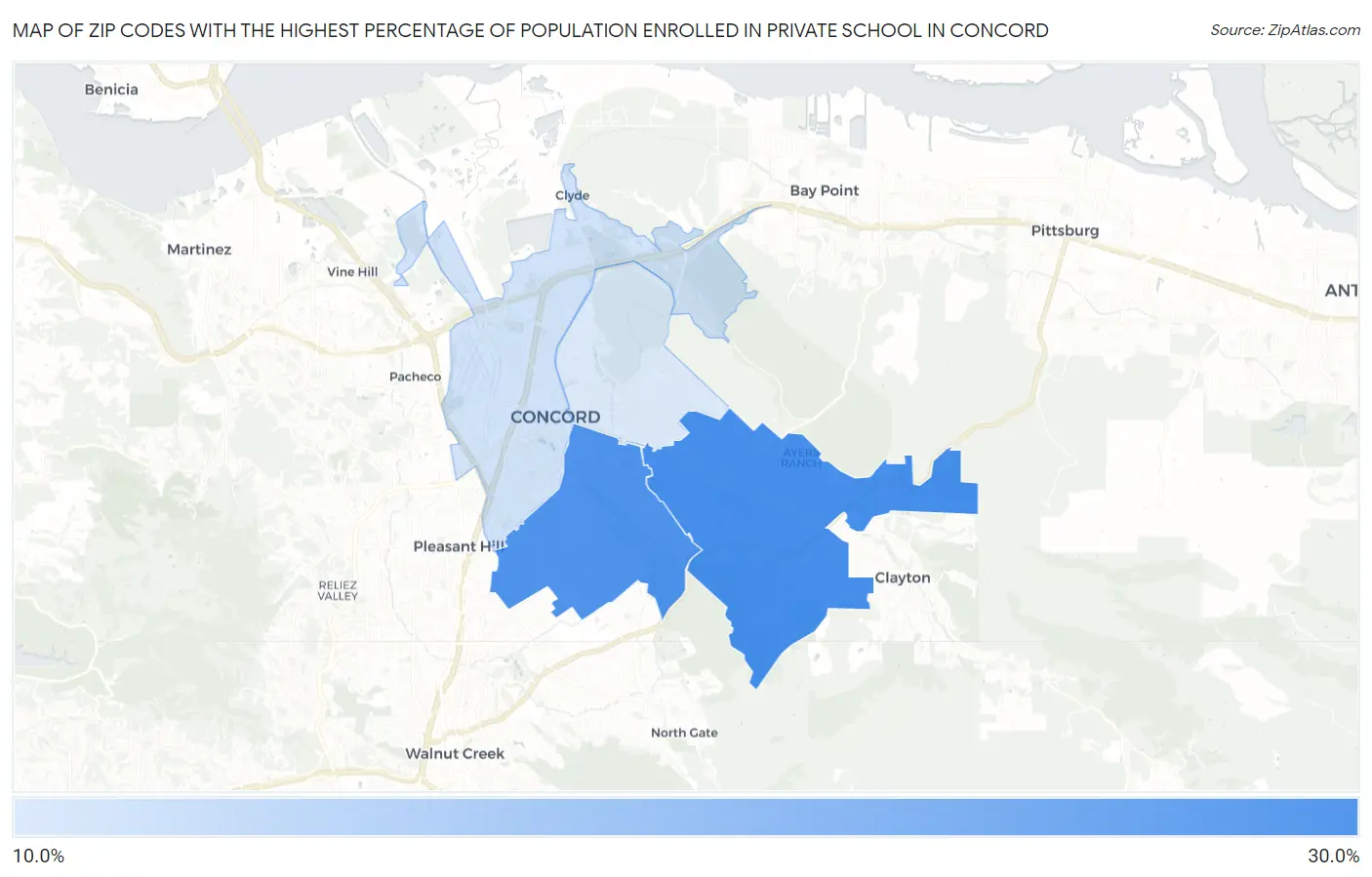 Zip Codes with the Highest Percentage of Population Enrolled in Private School in Concord Map