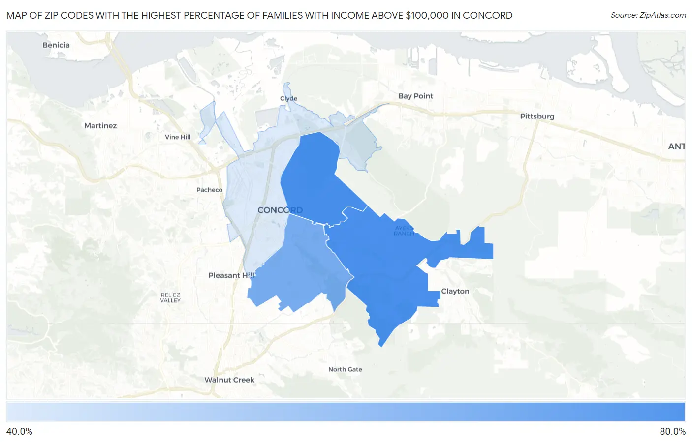 Zip Codes with the Highest Percentage of Families with Income Above $100,000 in Concord Map