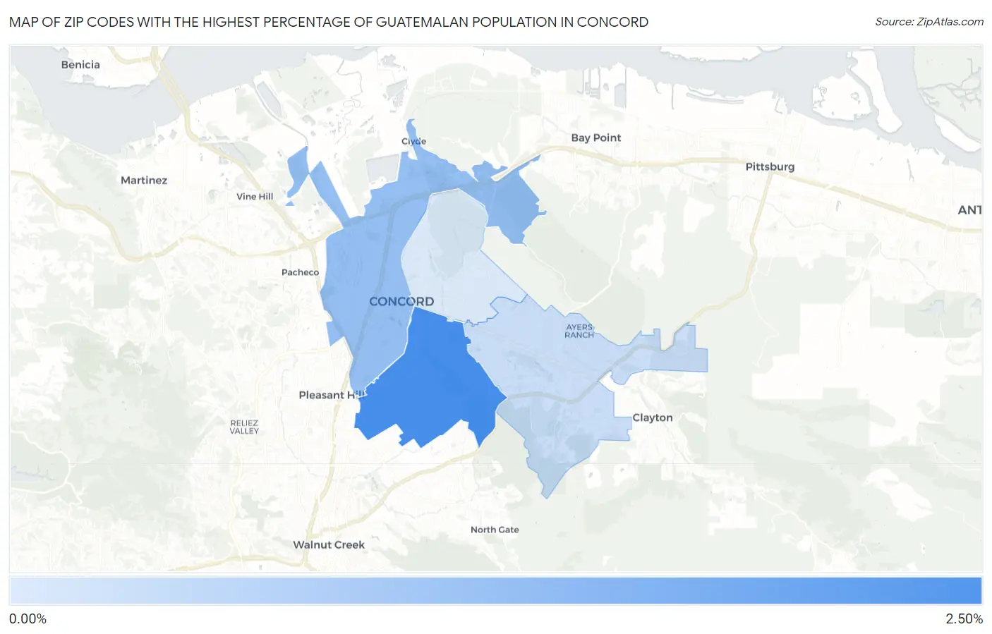 Zip Codes with the Highest Percentage of Guatemalan Population in Concord Map