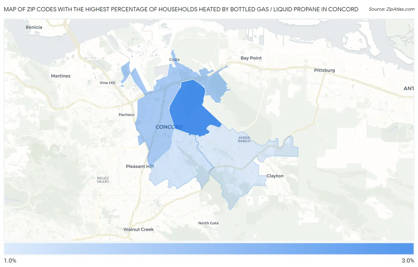 Zip Codes with the Highest Percentage of Households Heated by Bottled Gas / Liquid Propane in Concord Map