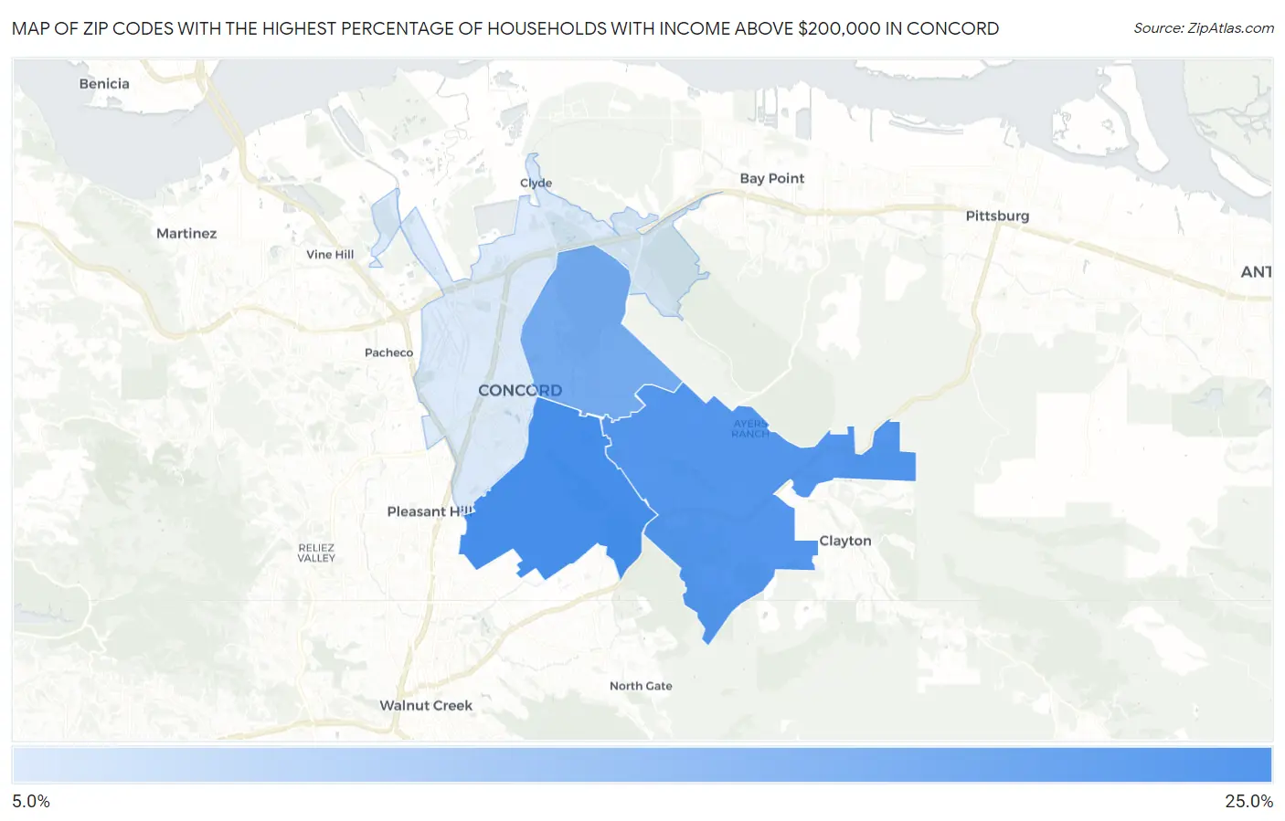 Zip Codes with the Highest Percentage of Households with Income Above $200,000 in Concord Map