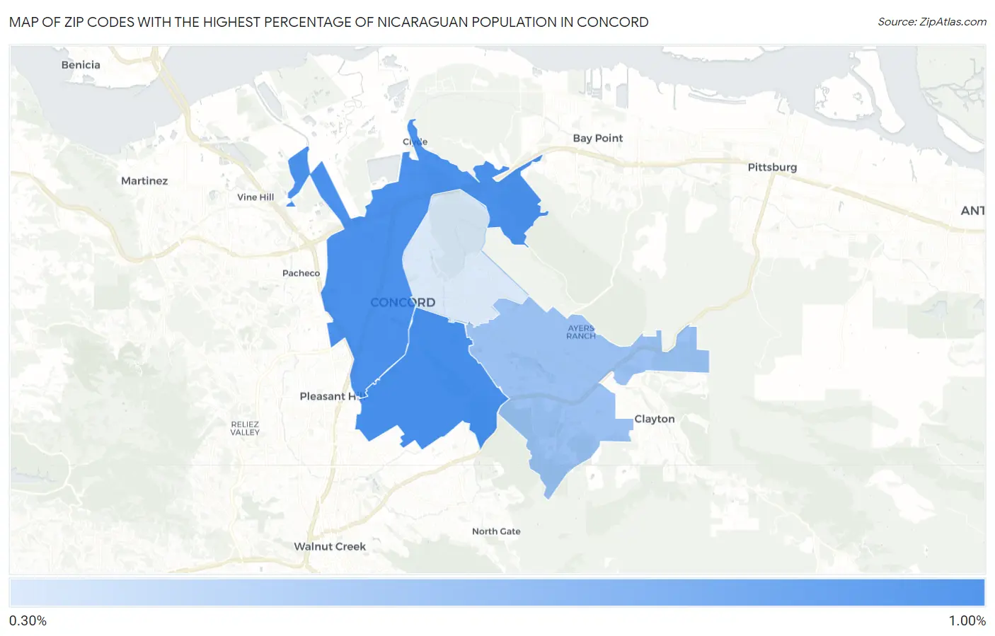 Zip Codes with the Highest Percentage of Nicaraguan Population in Concord Map
