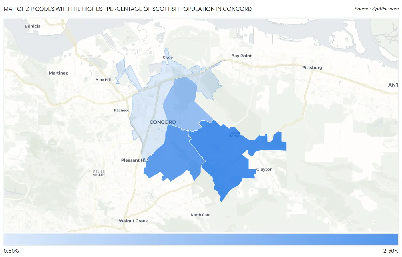 Zip Codes with the Highest Percentage of Scottish Population in Concord Map