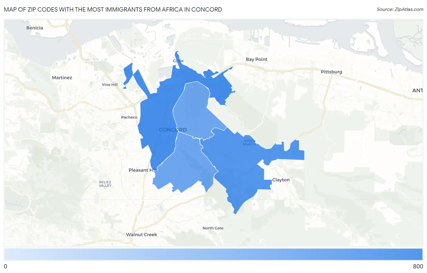Zip Codes with the Most Immigrants from Africa in Concord Map