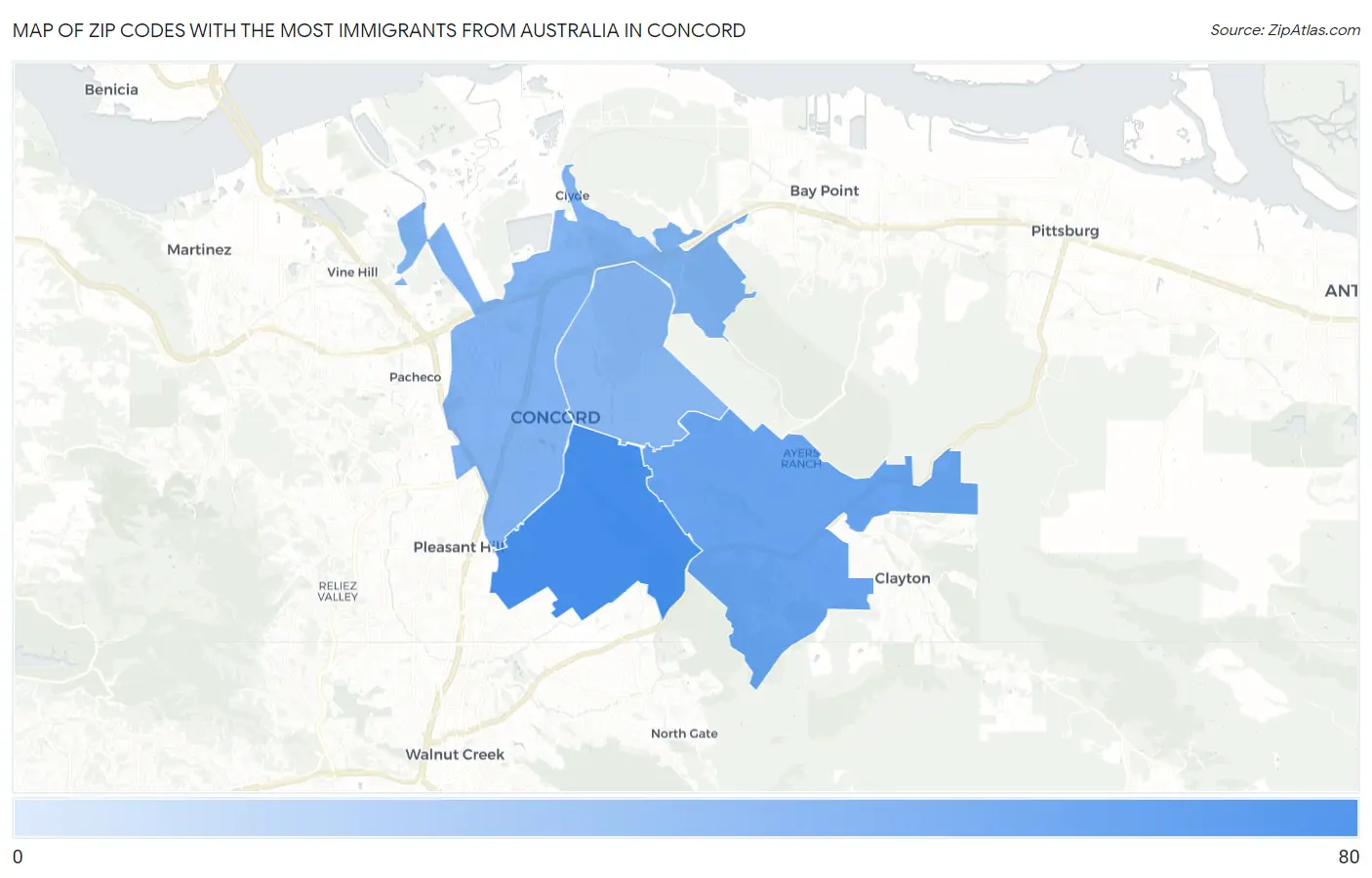 Zip Codes with the Most Immigrants from Australia in Concord Map