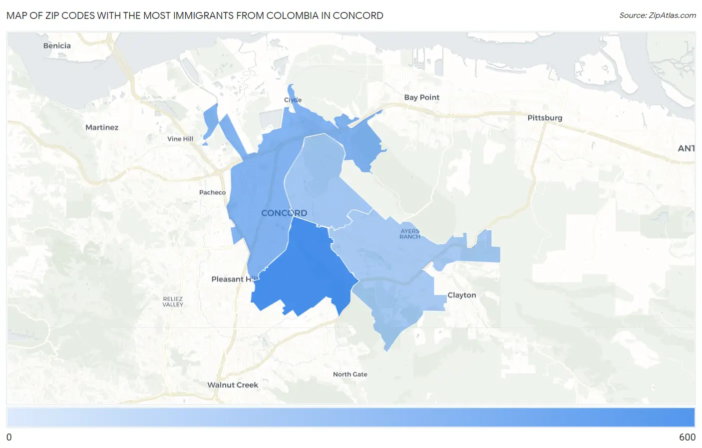 Zip Codes with the Most Immigrants from Colombia in Concord Map