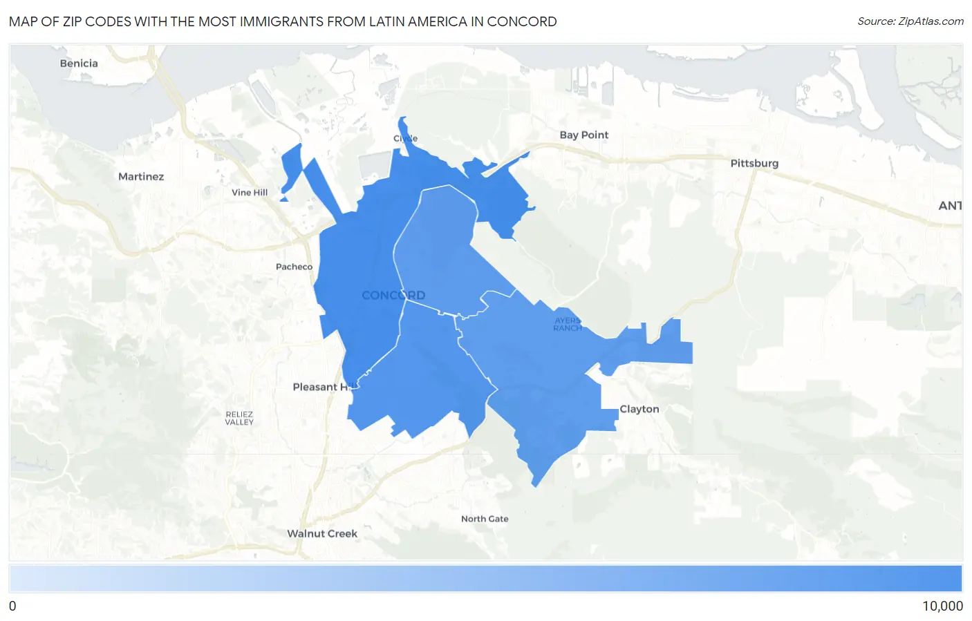 Zip Codes with the Most Immigrants from Latin America in Concord Map