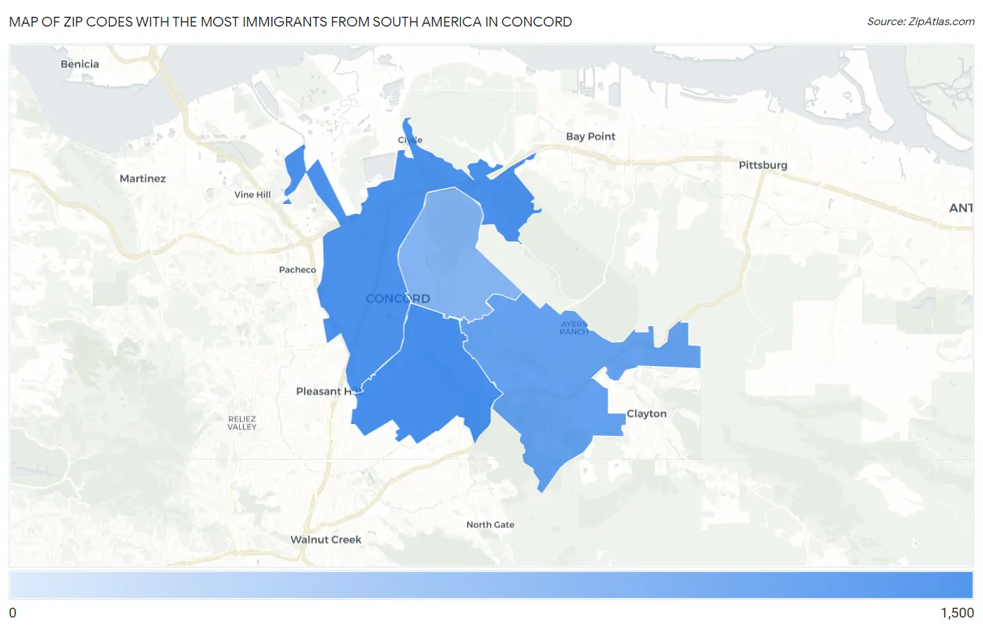 Zip Codes with the Most Immigrants from South America in Concord Map