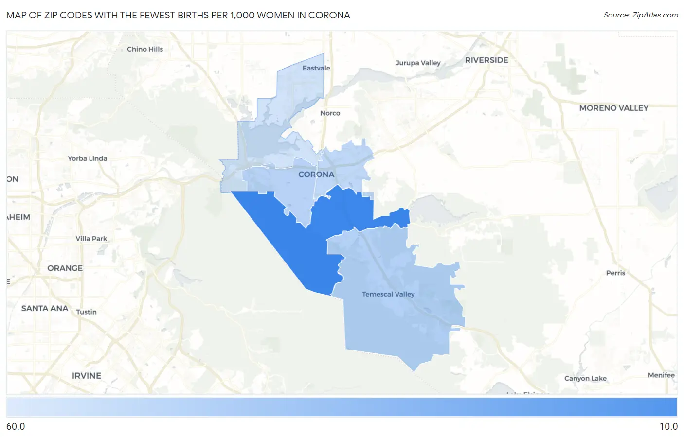 Zip Codes with the Fewest Births per 1,000 Women in Corona Map
