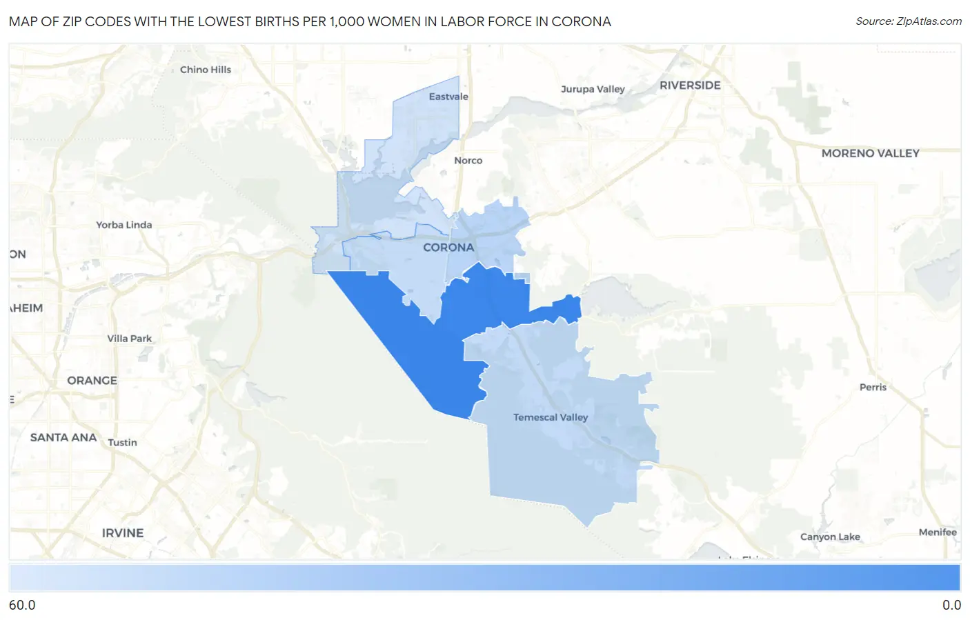 Zip Codes with the Lowest Births per 1,000 Women in Labor Force in Corona Map