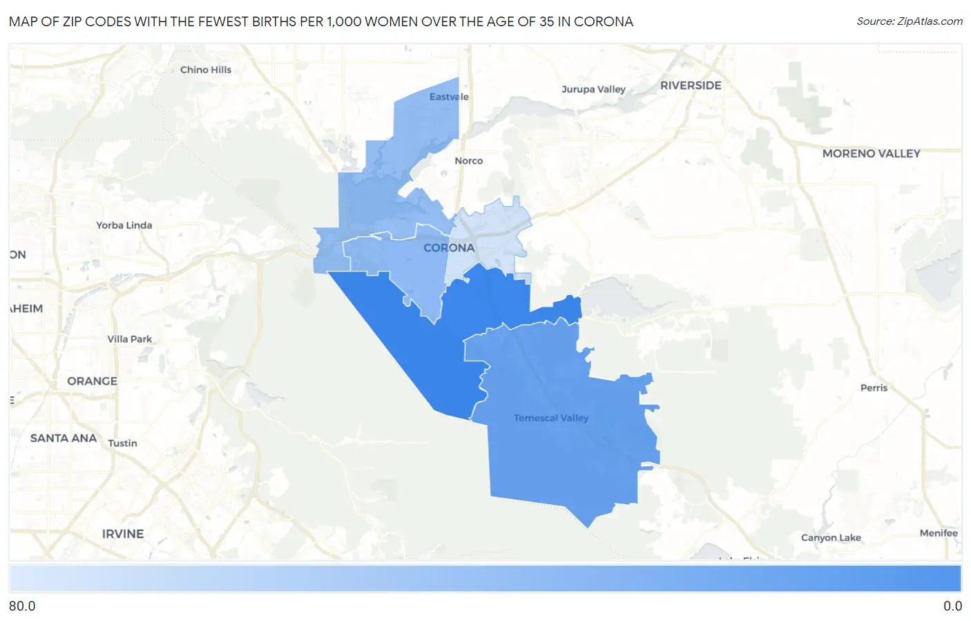Zip Codes with the Fewest Births per 1,000 Women Over the Age of 35 in Corona Map