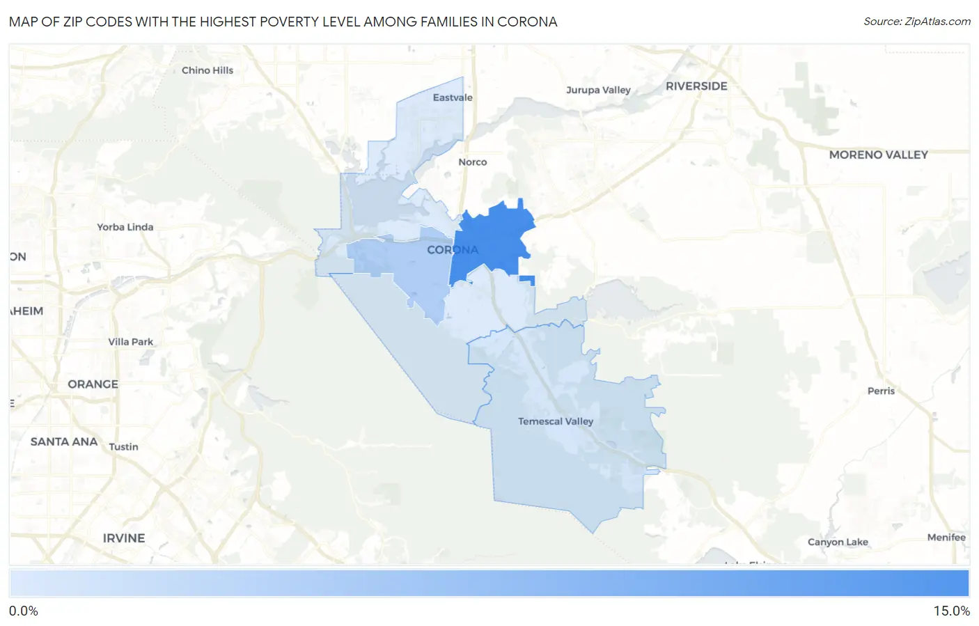 Zip Codes with the Highest Poverty Level Among Families in Corona Map