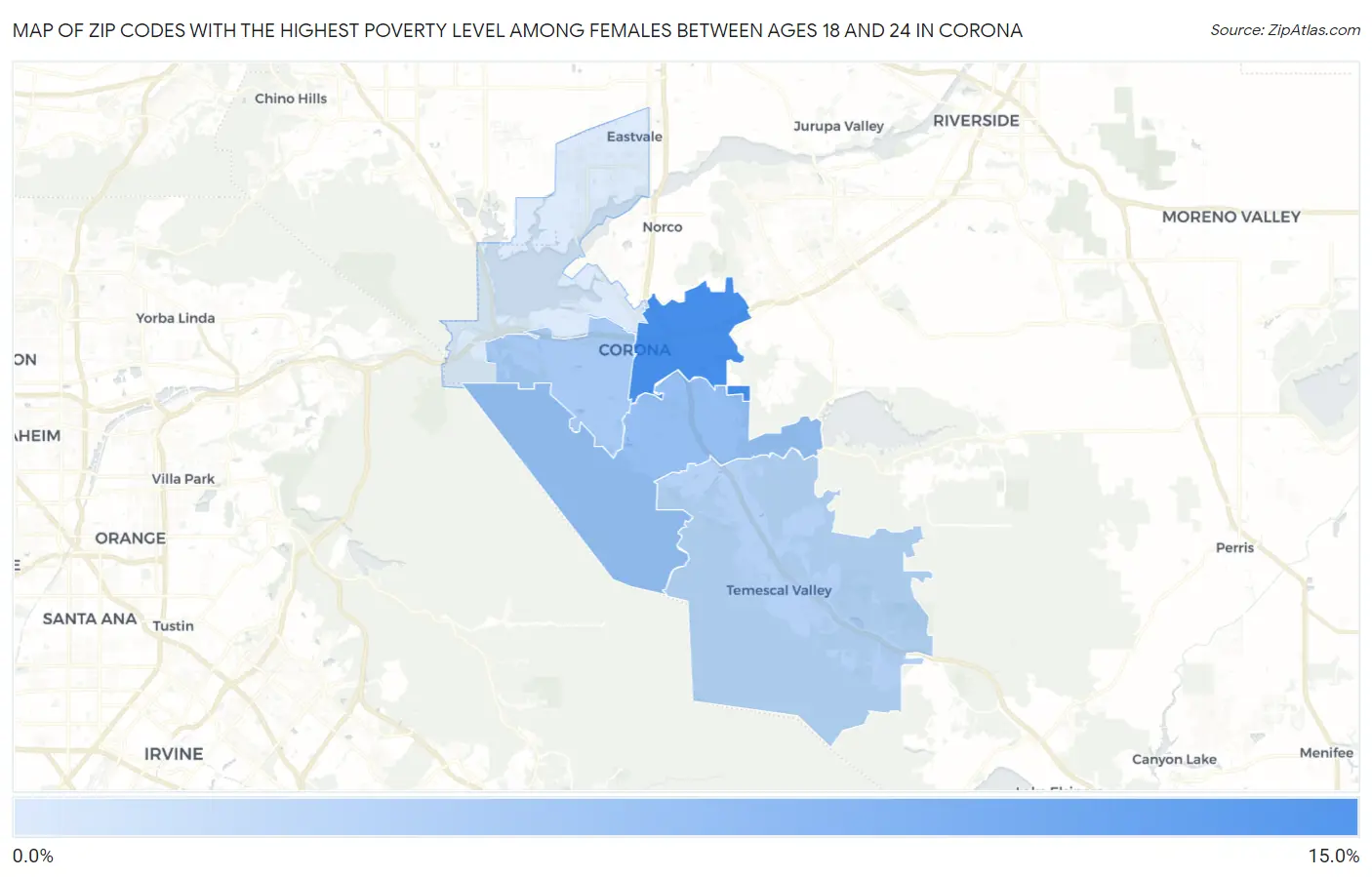 Zip Codes with the Highest Poverty Level Among Females Between Ages 18 and 24 in Corona Map