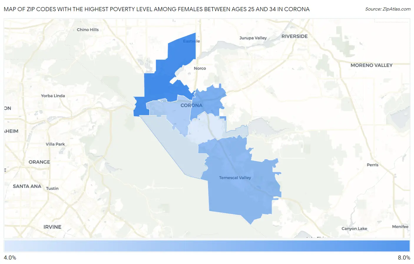 Zip Codes with the Highest Poverty Level Among Females Between Ages 25 and 34 in Corona Map