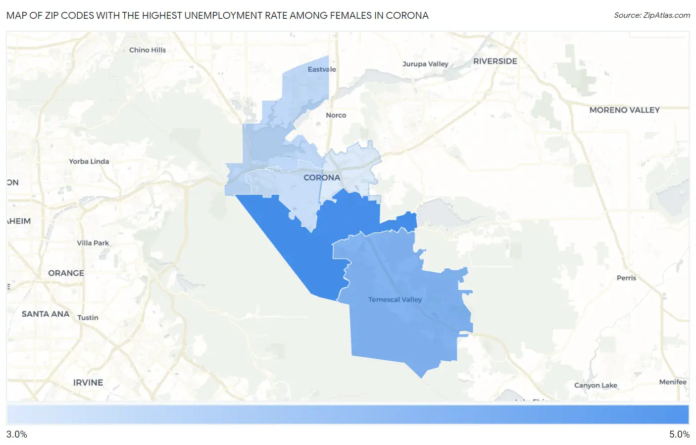 Zip Codes with the Highest Unemployment Rate Among Females in Corona Map