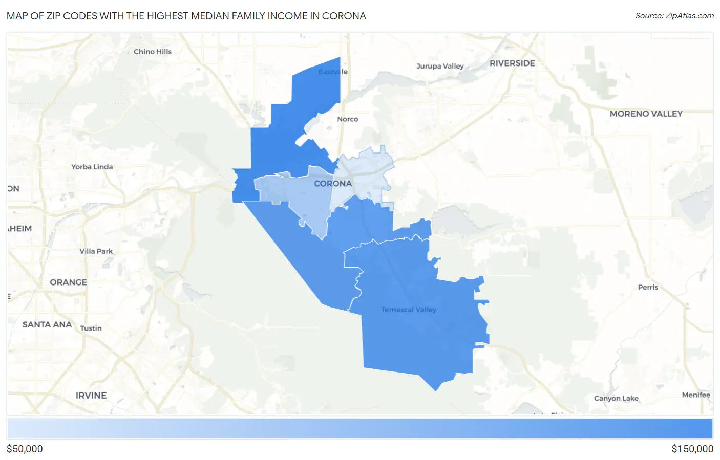 Zip Codes with the Highest Median Family Income in Corona Map