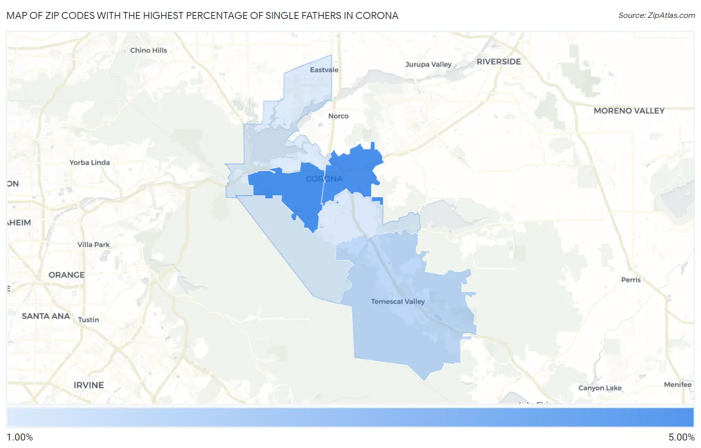 Zip Codes with the Highest Percentage of Single Fathers in Corona Map