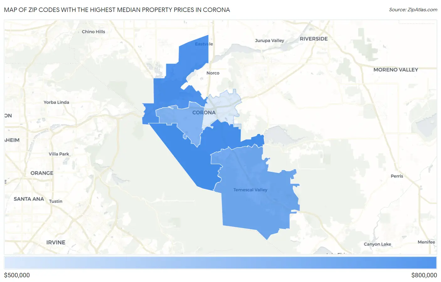 Zip Codes with the Highest Median Property Prices in Corona Map