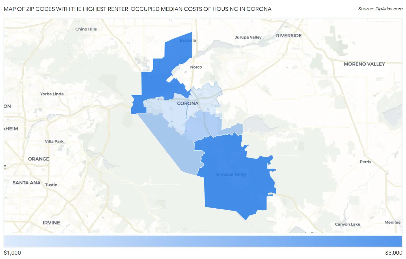 Zip Codes with the Highest Renter-Occupied Median Costs of Housing in Corona Map