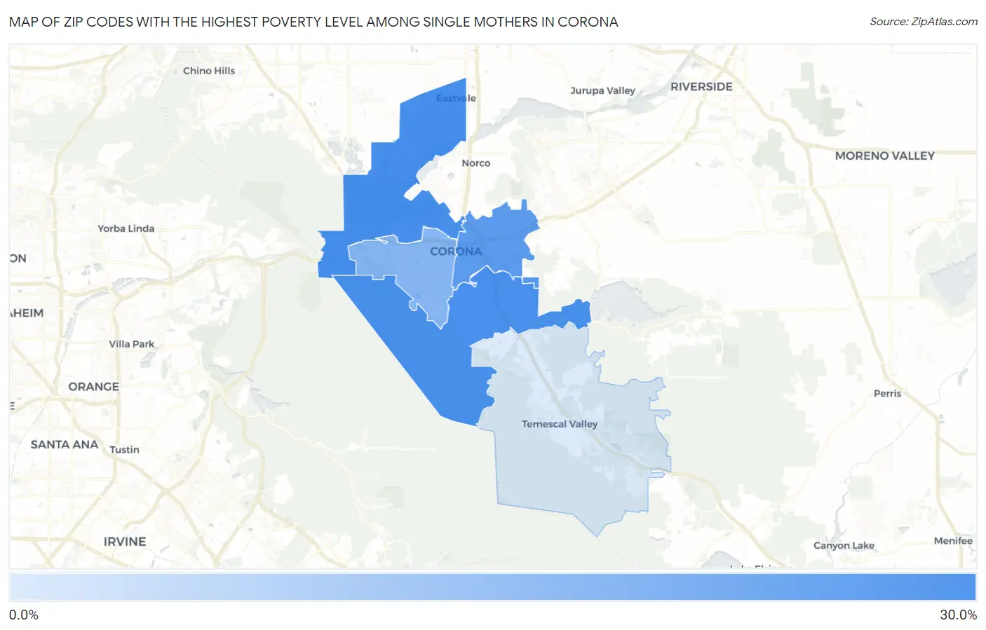 Zip Codes with the Highest Poverty Level Among Single Mothers in Corona Map
