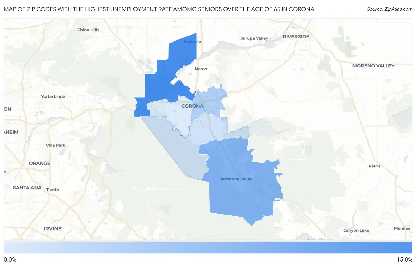 Zip Codes with the Highest Unemployment Rate Amomg Seniors Over the Age of 65 in Corona Map