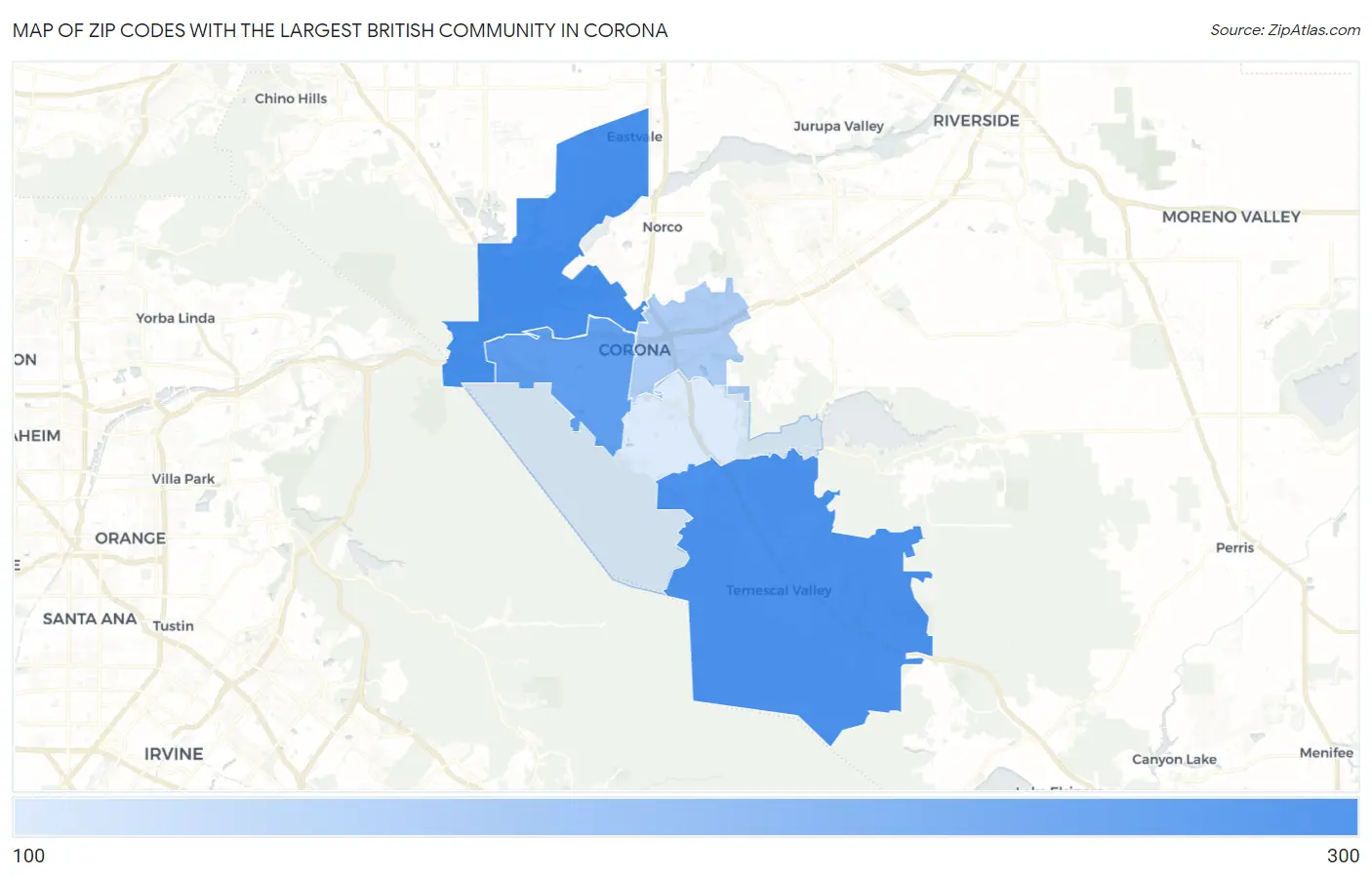 Zip Codes with the Largest British Community in Corona Map
