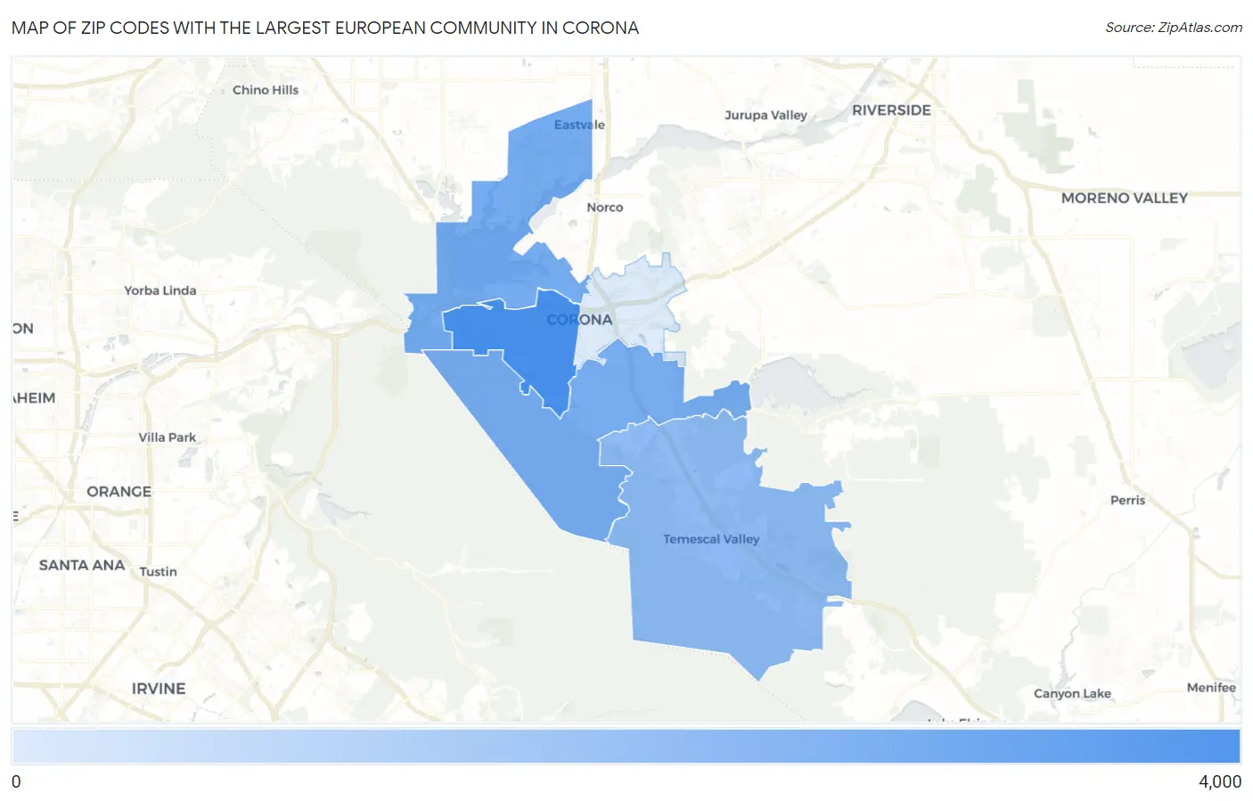 Zip Codes with the Largest European Community in Corona Map