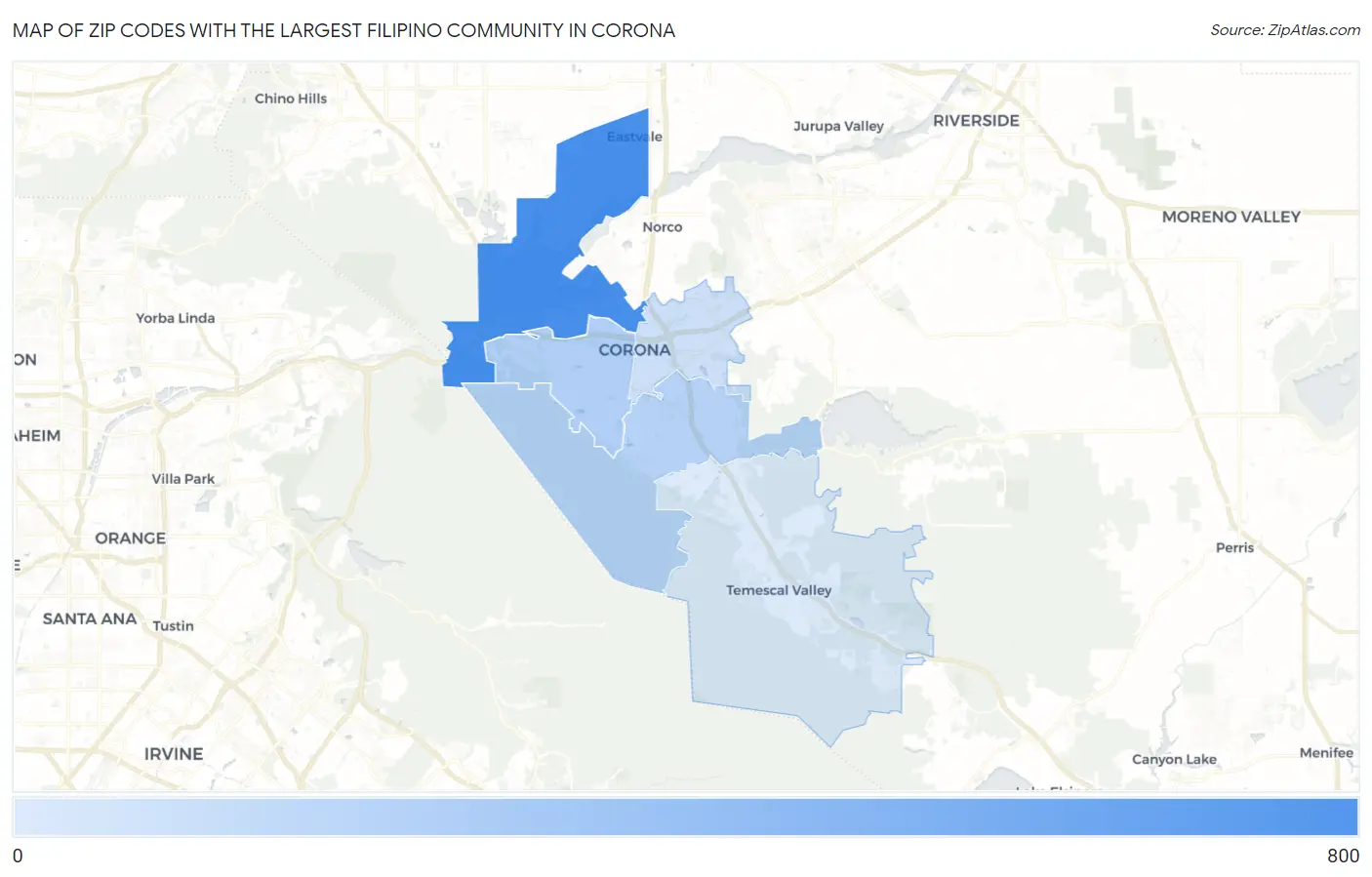 Zip Codes with the Largest Filipino Community in Corona Map