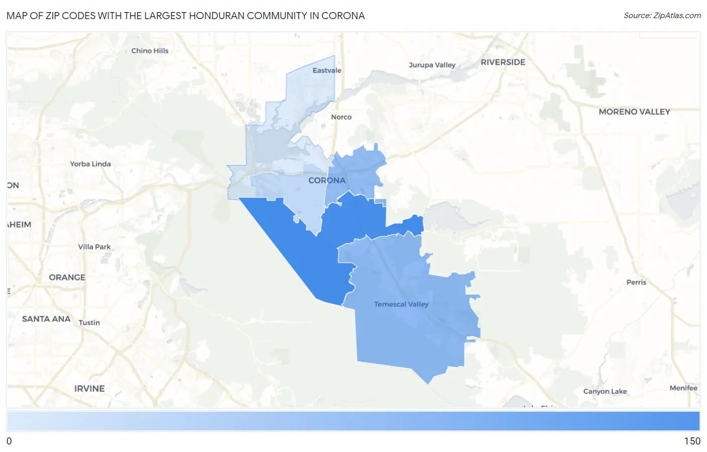 Zip Codes with the Largest Honduran Community in Corona Map