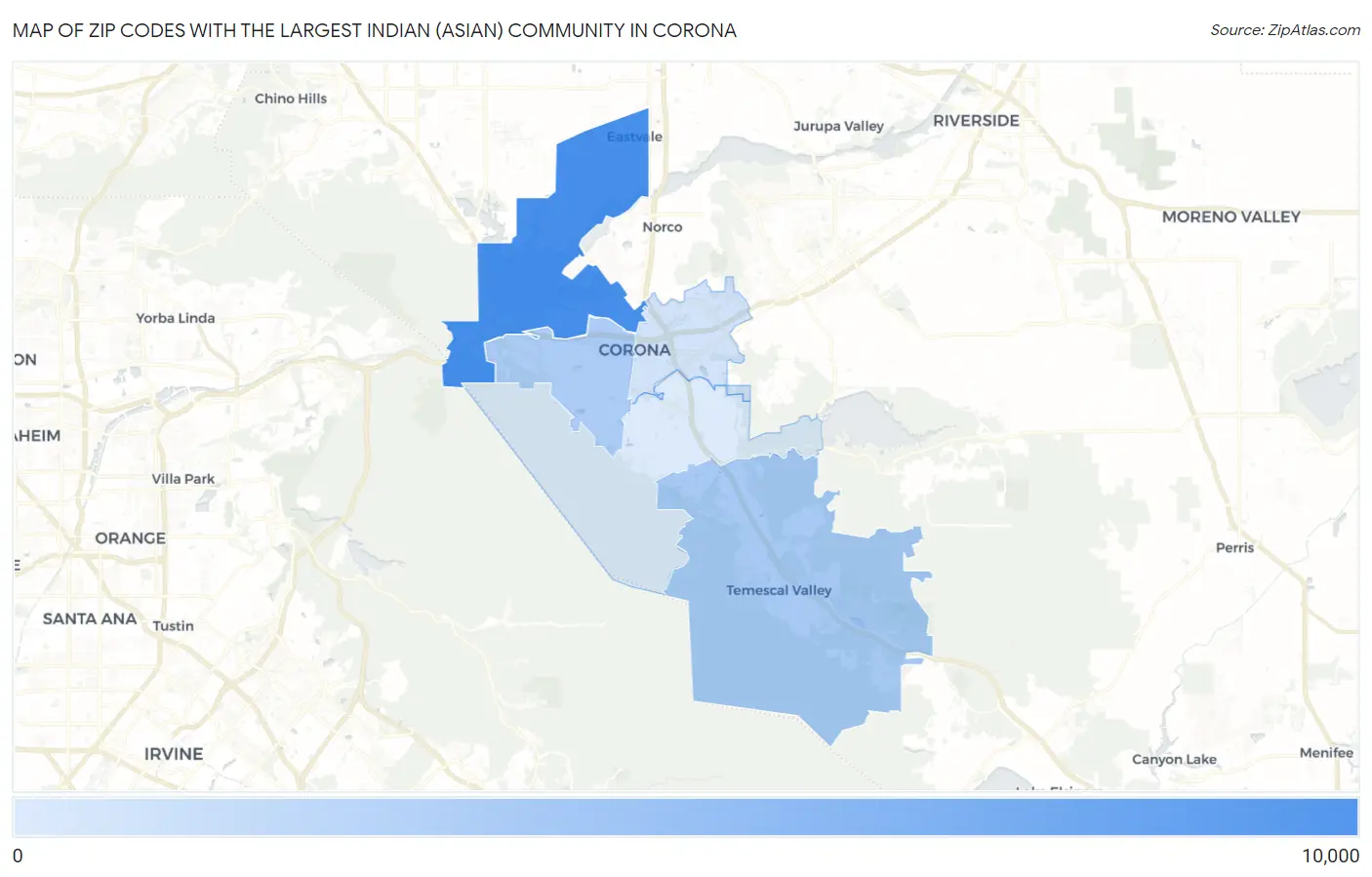 Zip Codes with the Largest Indian (Asian) Community in Corona Map