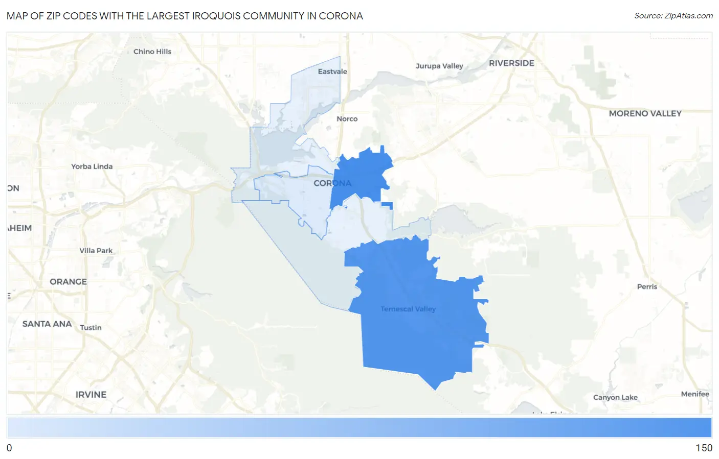 Zip Codes with the Largest Iroquois Community in Corona Map