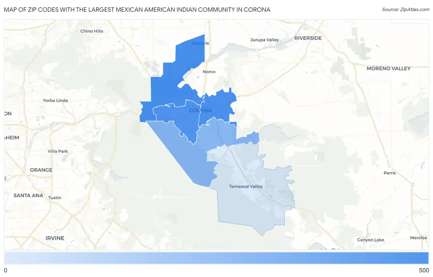 Zip Codes with the Largest Mexican American Indian Community in Corona Map