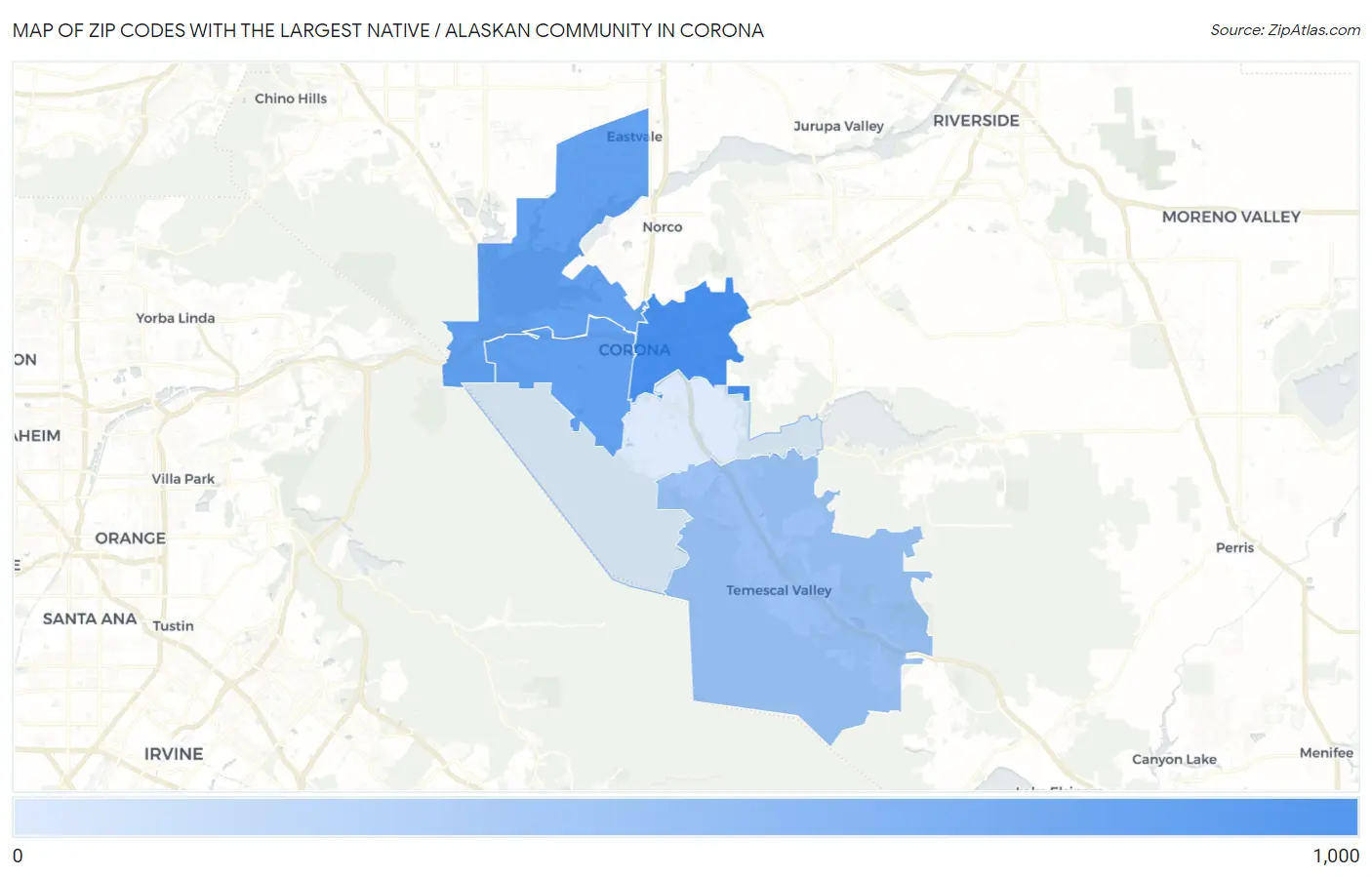Zip Codes with the Largest Native / Alaskan Community in Corona Map