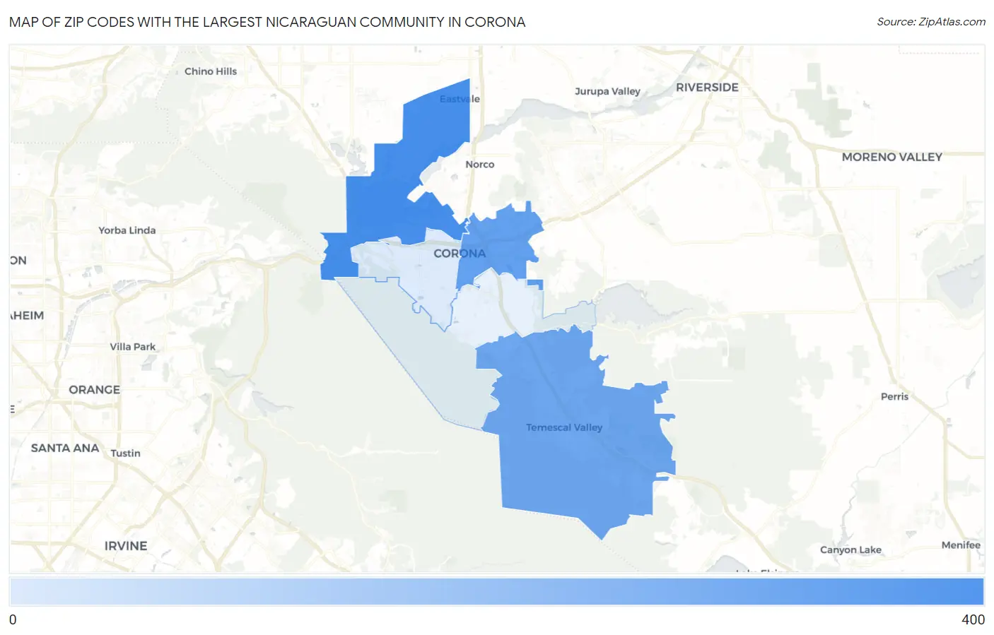 Zip Codes with the Largest Nicaraguan Community in Corona Map