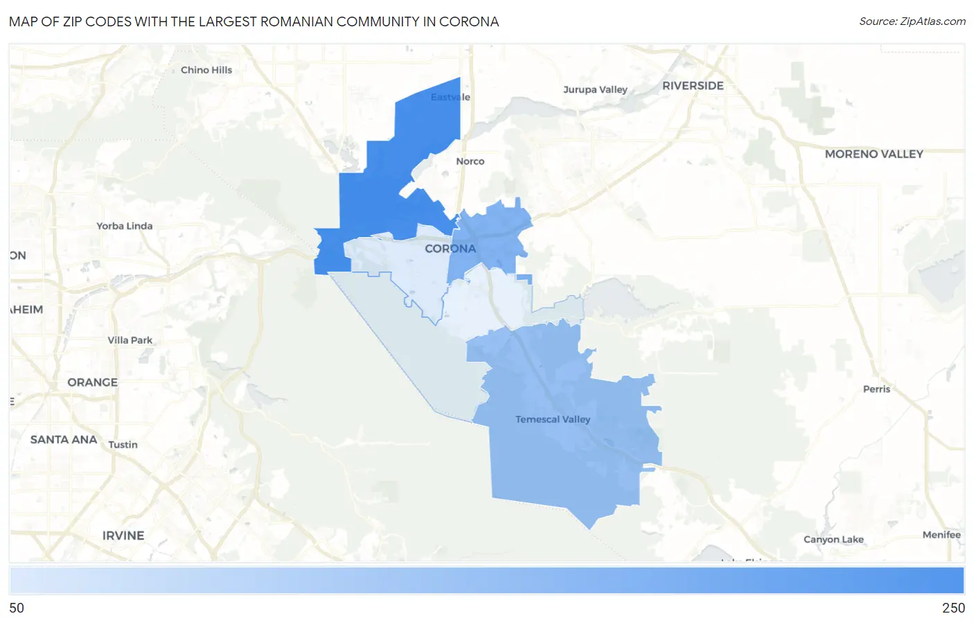 Zip Codes with the Largest Romanian Community in Corona Map