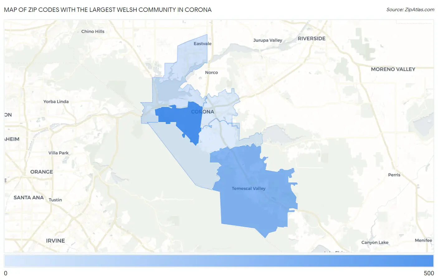 Zip Codes with the Largest Welsh Community in Corona Map